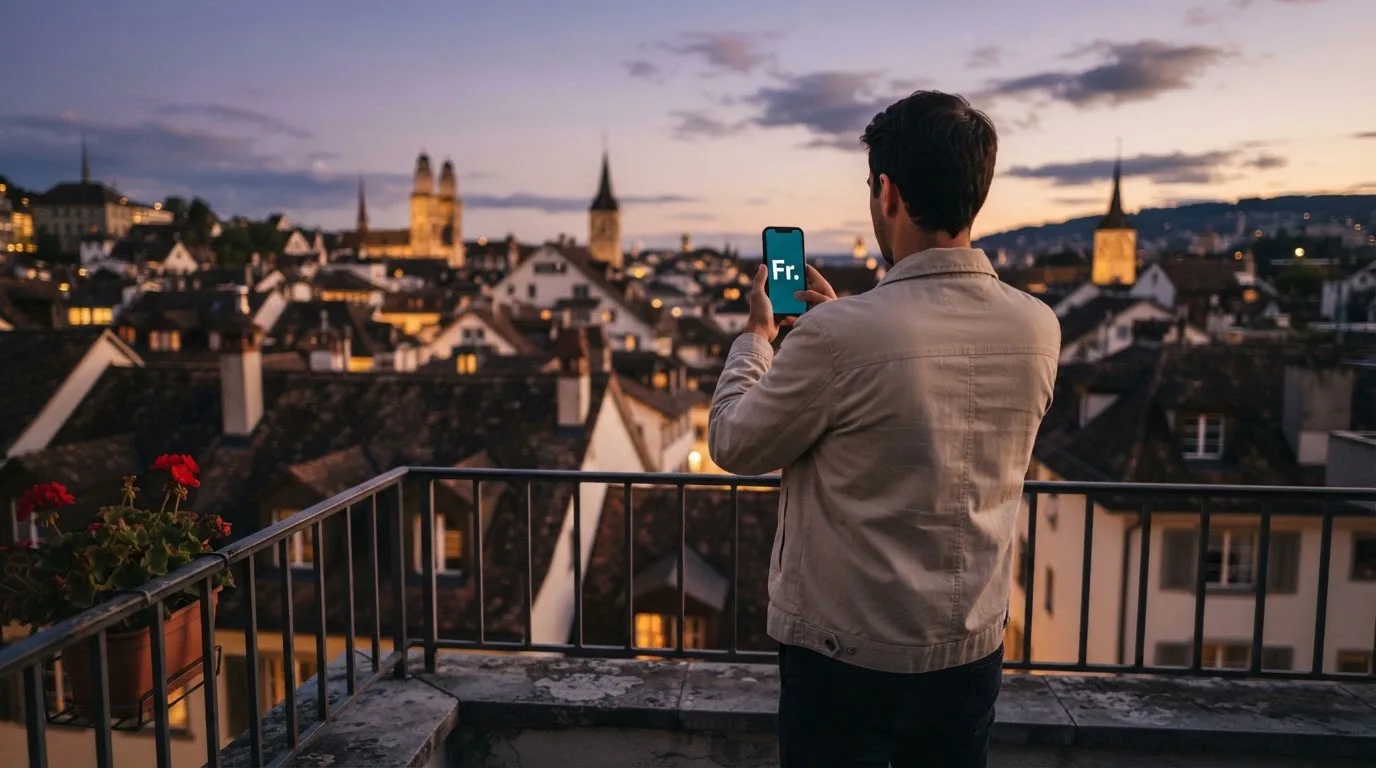 Mann steht auf einem Balkon und tippt auf sein Smartphone, Abendlicht liegt über den Dächern.