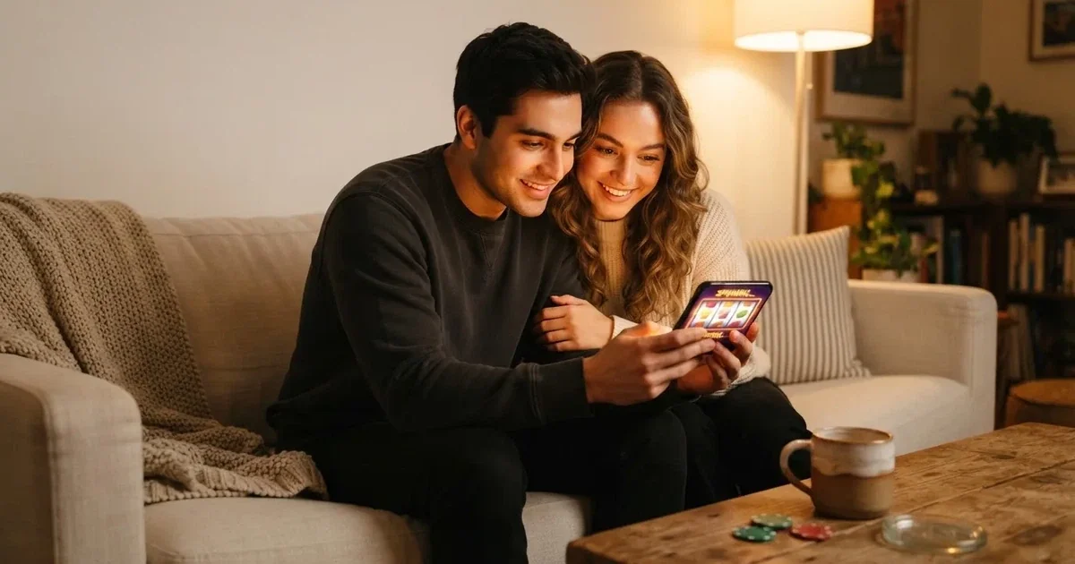 Junges Paar sitzt lächelnd auf einem Sofa und schaut gemeinsam auf ein Smartphone, warmes Wohnzimmerlicht am Abend.