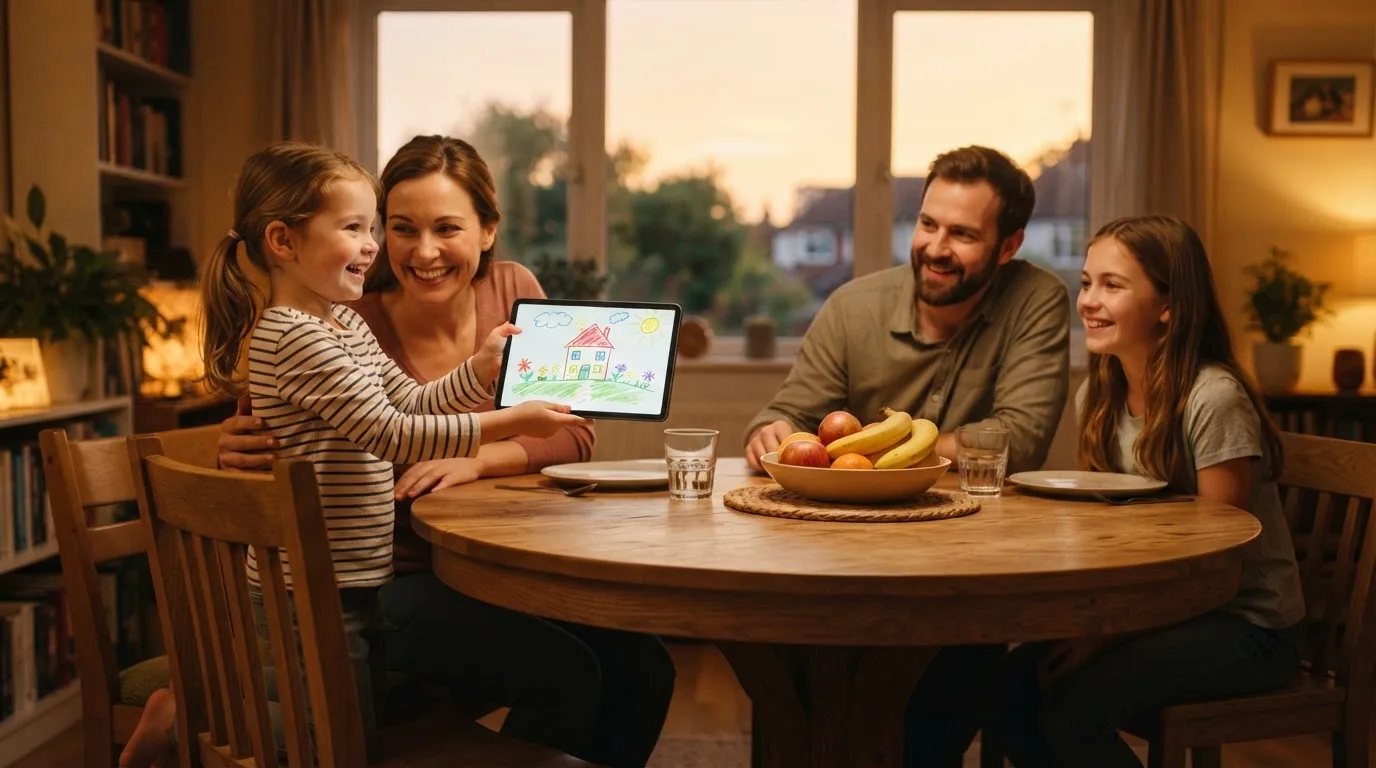 Familie sitzt am Esstisch, ein Kind zeigt der Mutter lachend etwas auf einem Tablet, warmes Abendlicht.